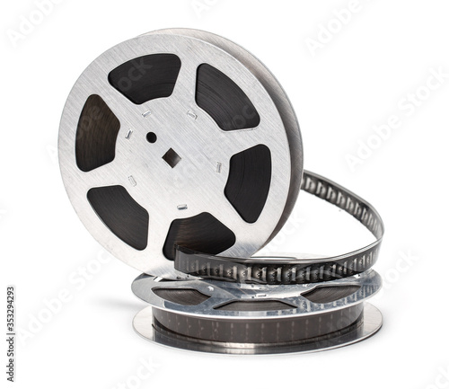 Film reel with filmstrip isolated on white background.