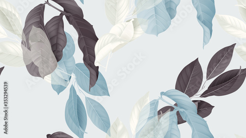 Foliage seamless pattern, various leaves in blue, dark pink and white on bright blue