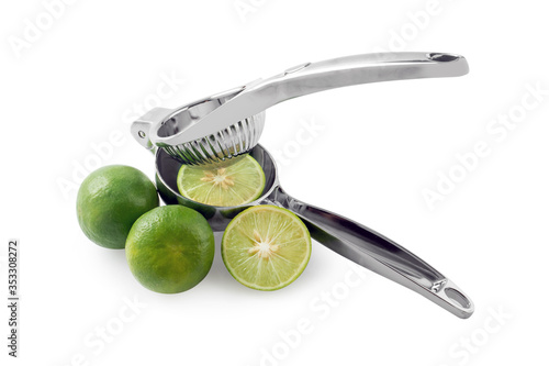 stainless Squeezer with lemon sliced on white background