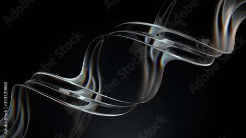 Smooth 3d render of twisted glass shapes on dark background with dispersion effect.