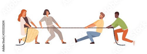 Tug of war men vs women vector flat illustration. Colorful diverse people pulling opposite ends of rope isolated on white background. Business competition, gender equality and equal rights