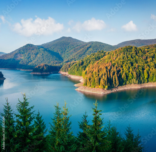 Colorful morning view of the valley of Lacul Dragan lake, Cluj County, Romania. Amazing summer scene of Apuseni Mountains. Beauty of nature concept background.