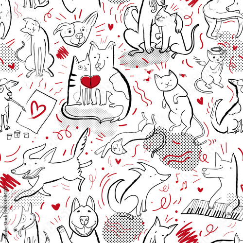 Seamless vector pattern with contour cats and dogs in different poses and emotions
