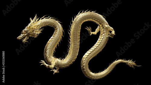 Full body gold dragon in bend body pose with 3d rendering include alpha path.