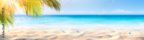 Summer Banner - Sunny Sand With Palm Leaves In Tropical Beach 