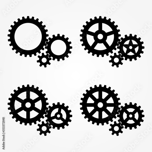 Mechanical sprocket gears sets, small, medium and large, 4 types, black silhouette. Isolated Vector illustration.