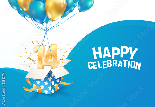 Celebrating of 14 th years birthday vector illustration. Fourteen anniversary celebration. Teenage birth day. Open gift box with numbers one and four flying on balloons 