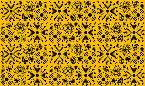 vector abstract background with yellow circles, drops, hearts, flowers, seamless yellow wallpaper pattern background, with memphis design elements and geometric shapes in yellow and black colors
