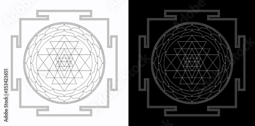 Yantra diagram, very precise and correctly created. Yantra, translated from Sanskrit machine, is a mystical diagram used for the worship of deities in temples or at home as an aid in meditation