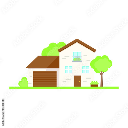This is a facade of the house is with a garage. Vector illustration.