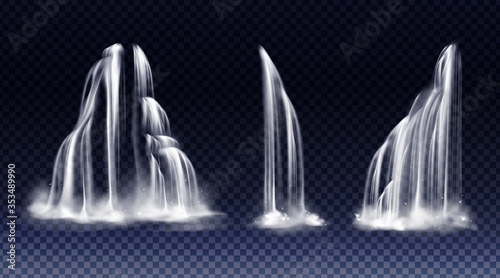 Waterfalls cascade, isolated on transparent background. Vector realistic river water fall with splash and fog. Set of liquid streams, flow of pure aqua, shower or rain