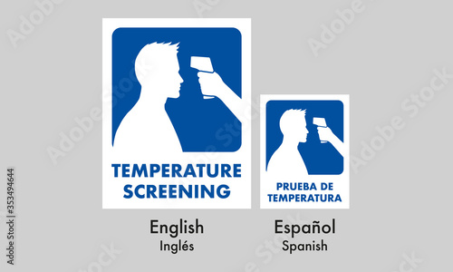 temperature screening signage, for casual (normal) places, mandatory sign, in two idioms spanish and english