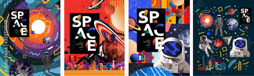 Space. Vector abstract illustrations of an astronaut, planets, galaxy, mars, future, earth and stars. Science fiction drawing for poster, cover or background 