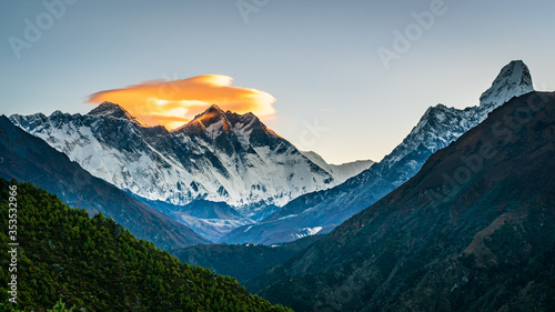 Panoramic view of Mt Everest, Lhotse and Ama Dablam peaks from Namche view point. Panorama of highest mountains in Nepal during Everest Base Camp trek.