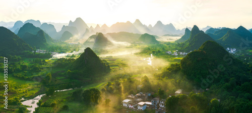 Sunset landscape of Wuzhi Mountain, Cuiping Village, Yangshuo, Guilin, Guangxi, China