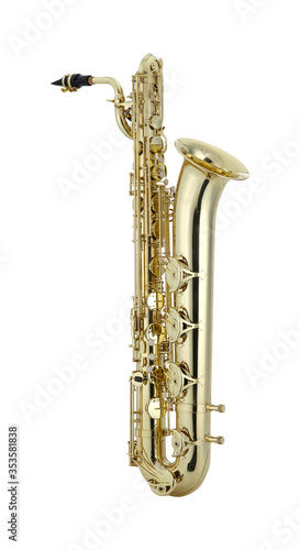 Shiny Baritone saxophone, Bari sax, Saxophone Woodwinds Music Instrument Isolated on White background