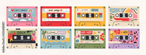 Set of eight Retro Vintage tape Cassettes. Various audio tapes. Different Mixtapes. Love songs, Relax, Rock, Nineties hits etc. Hand drawn colored Vector illustrations. Every cassette is isolated