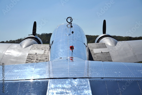 Lockheed Electra 10A vintage airplane preparing for flight on airport in Prague, Czech republic