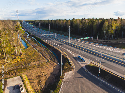 Aerial view of Moscow - Saint Petersburg motorway toll road, Russian federal highway in the European part of Russia, parallel to the M10 highway, from the federal cities of Moscow to St. Petersburg.