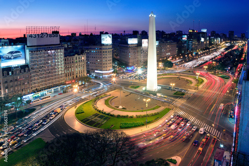 Aerial view of Buenos Aires, at Twilight, along 9 of July Avenue. 