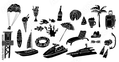 Big summer set with water sports equipment, beach and vacation stuff, snacks and drinks. Vector hand drawn illustration. Black silhouettes isolated on white background.