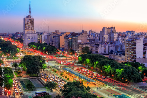 Aerial view of Buenos Aires, at Twilight, along 9 of July Avenue. 