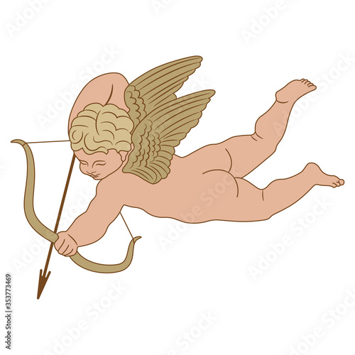 Flying Cupid or Amur with bow and arrow. Winged baby god of love Eros. Isolated vector illustration. 
