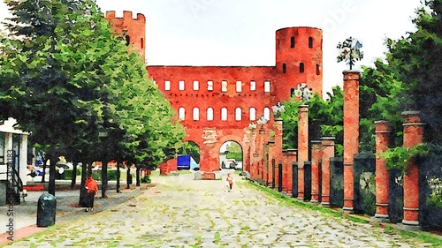 Watercolorstyle picture representing the remains of Porta Romana an ancient Roman building in the center of Turin in Italy