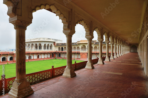 Columned viewing point outside royal chambers at Agra Fort Palace in India