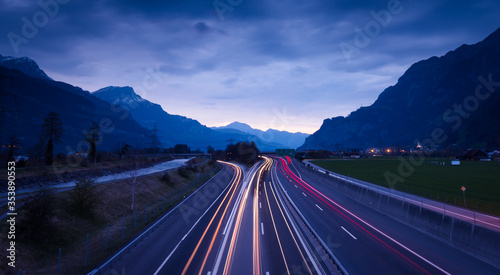 Night highway. Mountains Swiss Alps. Gotthard. Canton Uri. Switzrland
