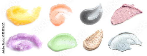 Set with different samples of natural scrubs on white background, top view. Banner design