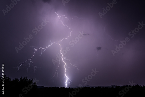 Dramatic lighting bolt falling during the night in Romania over rural area