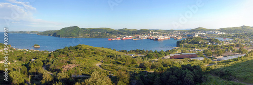 Panorama of Slavyanka town and Slavyanka gulf of Sea of Japan, Primorsky Krai, Far East, Russia.