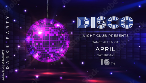 Disco party poster. Dance and music night party flyer with 80s disco ball and light effects. Vector illustration invite on glamour celebration with mirror sphere banner