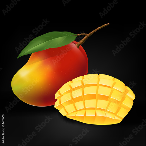 Vector Mango Realistic Illustration with leaf & Sliced Mango in Black Background