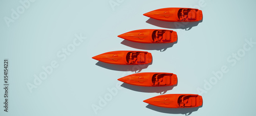 Minimal composition for adventure and summer concept. Top view of red speedboat on blue background. 3d rendering illustration.