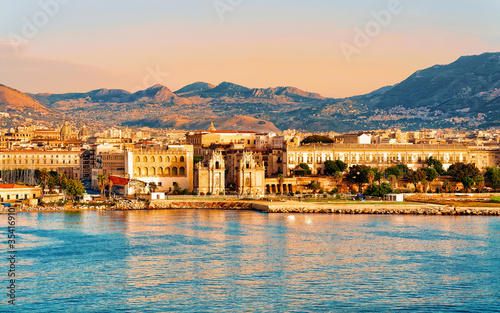 Sunrise at Mediterranian sea Sicily Palermo old city reflex