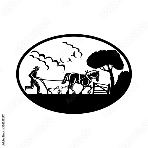 Farmer Plowing Farm Field Oval Retro Woodcut Black and White