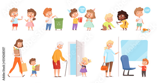 Behaving kids. Childrens with good manners helping to adult and otherness helpful respect vector characters. Manners and obedient, courteous and respectful, interaction politeness illustration