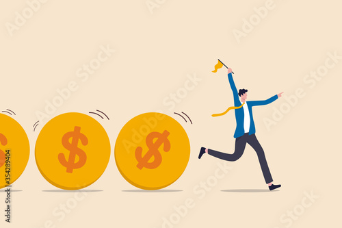 Cash flow, investment fund flow, fund raising, bank loan or financial activity to making money or profit concept, Businessman leader or investor holding flag control flow of money Dollar coins.