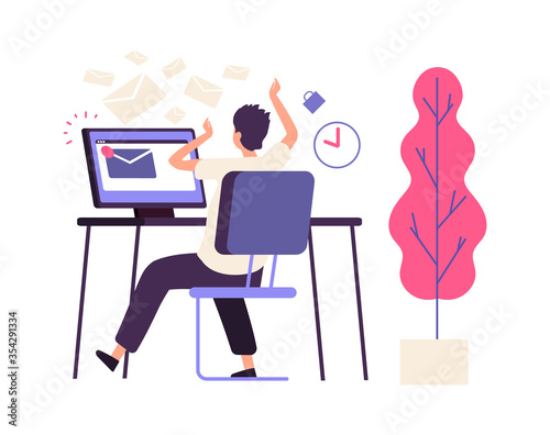 Inefficient time management. Administrator receives lot of messages. Busy man, operator or manager flat character. Info e-mail, deadline vector. Illustration irresponsible inefficient management