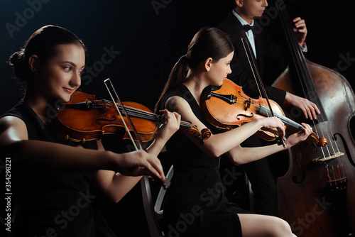 trio of musicians playing on double bass and violins isolated on black