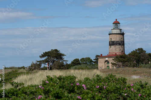 Lighthouse in Falsterbo, Sweden, built 1795. Birds flying in the sky, foreground blurred. Selective focus.