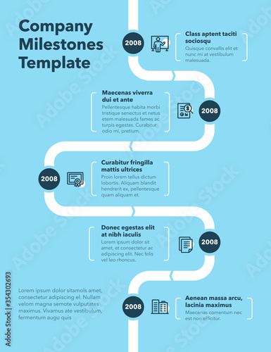 Modern company milestones timeline template - blue version. Easy to use for your website or presentation.