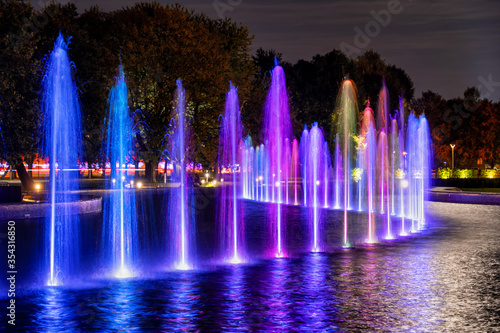 Fountain Illuminated at Night in Warsaw, Poland