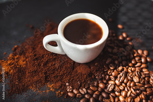 delicious aromatic coffee, in a cup, beans, natural, ground