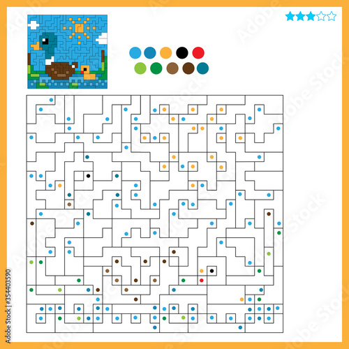 Duck with duckling. Coloring book for kids. Colorful Puzzle Game for Children with answer.