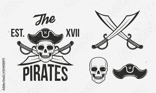 Pirates icons set. Crossed swords, skull and pirate hat isolated on white background. Vintage pirate icons for logo. Vector illustration