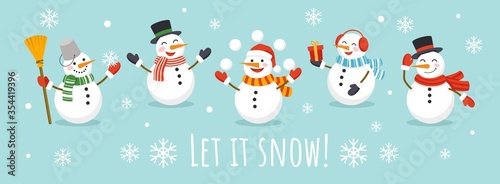 Let it snow card with cute character snowman vector illustration. Happy snowmans in scarf and hat flat style. Happy winter holiday concept. Isolated on blue background