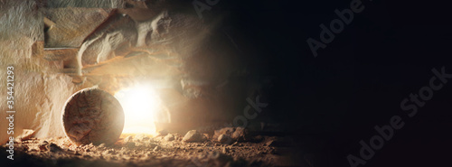 Christian Easter concept. Jesus Christ resurrection. Empty tomb of Jesus with light. Born to Die, Born to Rise. "He is not here he is risen". Savior, Messiah, Redeemer, Gospel. Alive. Miracle